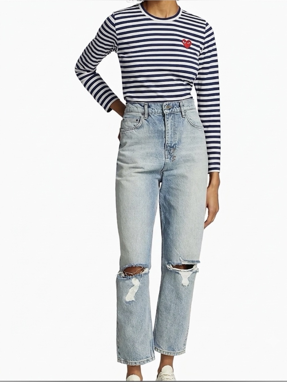 VGUC Comme des Garçons PLAY
Navy Blue White Striped Red Heart Long-Sleeve Shirt